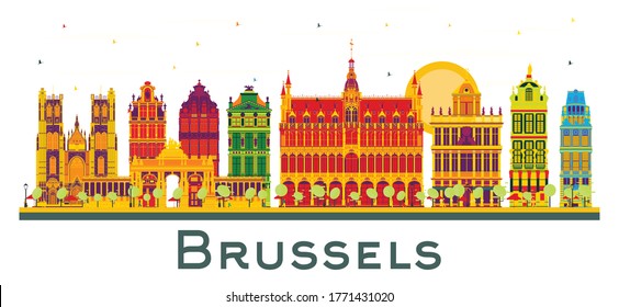 Brussels Belgium City Skyline with Color Buildings Isolated on White. Vector Illustration. Business Travel and Tourism Concept with Historic Architecture. Brussels Cityscape with Landmarks.