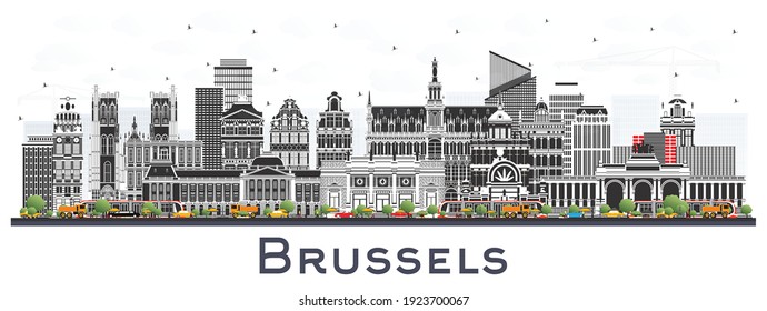 Brüssel Belgien City Skyline mit Farbgebäuden einzeln auf Weiß. Vektorgrafik. Brüsseler Stadtbild mit Sehenswürdigkeiten. Business Travel and Tourism Konzept mit historischer Architektur.