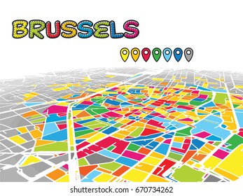 Brussels, Belgium, Downtown 3D Vector Map of Famous Streets. Bright foreground full of colors. White Streets, Waterways and grey background areal. White Horizon.