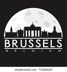 Brussels Belgium Full Moon Night Skyline Silhouette Design City Vector Art.