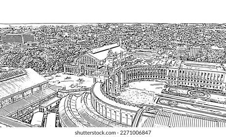 Brussels, Belgium. A high-angle aerial view of the Cinquantenaire Park featuring the monumental triumphal arch, rendered in a distinctive doodle sketch style with bold black lines on a white background. The triple-arched structure, a neoclassical landmark, is depicted with its central quadriga sculpture and flanking colonnades, which connect to large halls on either side. The scene includes a section of the formal park landscape and the surrounding cityscape. Completed in 1905 under King Leopold II, the arch was built to commemorate the 75th anniversary of Belgian independence, replacing an earlier temporary structure from 1880.