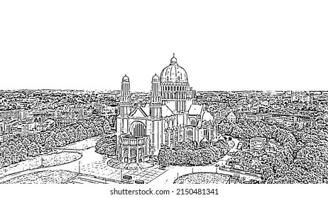 Brussels, Belgium. National Basilica of the Sacred Heart. Doodle sketch style. Aerial view