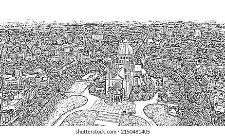 Brussels, Belgium. National Basilica of the Sacred Heart. Doodle sketch style. Aerial view
