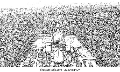 Brussels, Belgium. National Basilica of the Sacred Heart. Doodle sketch style. Aerial view