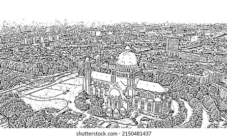 Brussels, Belgium. National Basilica of the Sacred Heart. Doodle sketch style. Aerial view