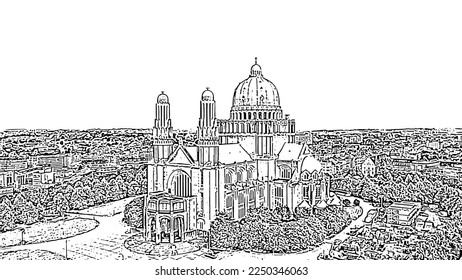 Brussels, Belgium. National Basilica of the Sacred Heart. Doodle sketch style. Aerial view