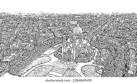 Brussels, Belgium. National Basilica of the Sacred Heart. Doodle sketch style. Aerial view