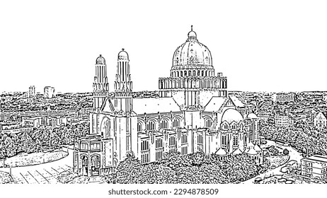 Brussels, Belgium. National Basilica of the Sacred Heart. Doodle sketch style. Aerial view