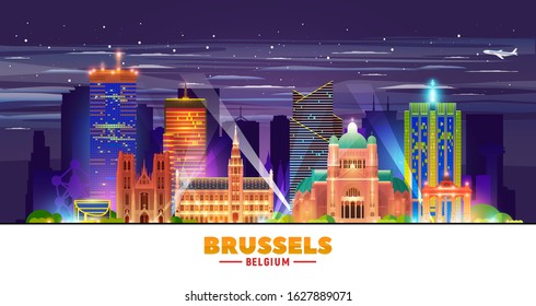 Brussels (Belgium) night skyline with panorama in sky background. Vector Illustration. Business travel and tourism concept with modern buildings. Image for presentation, banner, web site.