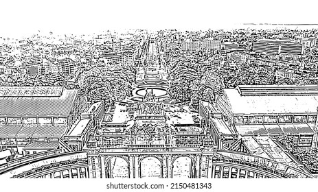 Brüssel, Belgien. Park des 50. Jahrestags. Park Senkantoner. Der Triumphbogen von Brüssel (Brüssel-Tor). Doodle-Sketch-Stil. Luftbild