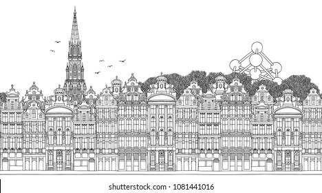 Brussels, Belgium - Seamless banner of the city’s skyline, hand drawn black and white illustration