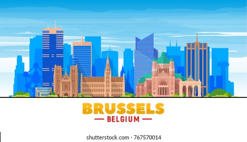 Brussels (Belgium) skyline with panorama in sky background. Vector Illustration. Business travel and tourism concept with modern buildings. Image for presentation, banner, web site.