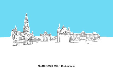 Brussels Belgium Skyline Panorama Vector Sketch. Hand-drawn Illustration on blue background.