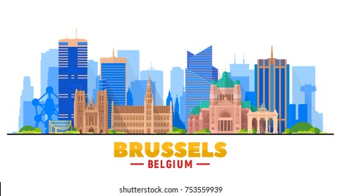 Brussels (Belgium) skyline with panorama in white background. Vector Illustration. Business travel and tourism concept with modern buildings. Image for presentation, banner, web site.