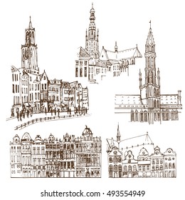 Brussels, Belgium. Vector sketch old town. Hand drawn public and religious buildings.