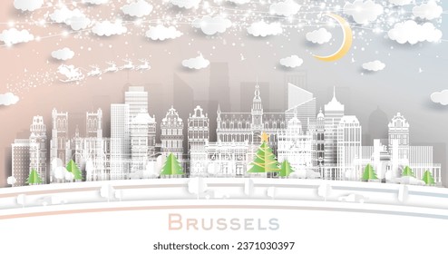 Brüssel Belgien. Winter City Skyline im Papierschnitt Stil mit Schneeflocken, Mond und Neon Garland. Weihnachts- und Neujahrskonzept. Der Weihnachtsmann auf Schlitten. Brüsseler Stadtbild mit Sehenswürdigkeiten.