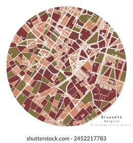 Brussels ,Belgium,Urban detail Streets Roads color Map  ,round Circle vector illustration element template image for marketing ,product ,wall art and poster prints.