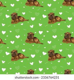 Brussels griffon Valentine's day wallpaper. White hearts with drawn dogs on a green background. Holiday square background, repeatable pattern. St Valentine's day wallpaper. Dog art.