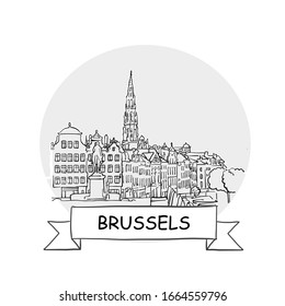 Brussels Hand-Drawn Urban Vector Sign. Black Line Art Illustration with Ribbon and Title.