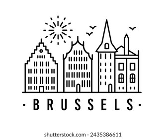 Brussels line house View. Poster print minimal design.