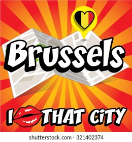 Brussels. I Love That City. Vector Illustration with country flag.