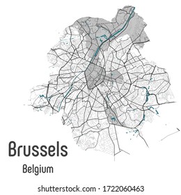 Brussels map Bruxelles Brussel administrative districts regions vector template with map of Belgium grey on white background. Contour line city map for infographic and web.