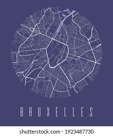 Brussels map poster. Decorative design street map of Brussels city. Cityscape aria panorama silhouette aerial view, typography style. Land, river, highways, avenue. Round circular vector illustration.