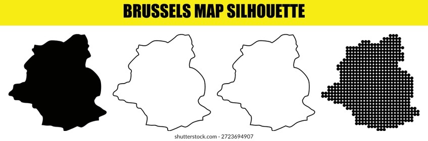 A coleção de silhuetas do mapa de Bruxelas fornece ilustrações vetoriais versáteis do território da capital belga. apresenta preenchimento sólido, contorno preciso e versões padrão de pontos de meio-tom.