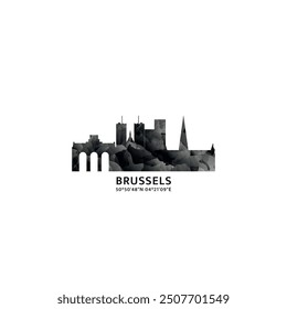 Brussels panorama, vector badge, skyline logo and icon. Belgium capital city horizon logotype with landmarks and building silhouettes. Isolated foggy abstract gradient graphic