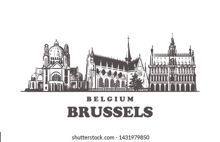 Brussels sketch skyline. Brussels, Belgium hand drawn vector illustration. Isolated on white background.