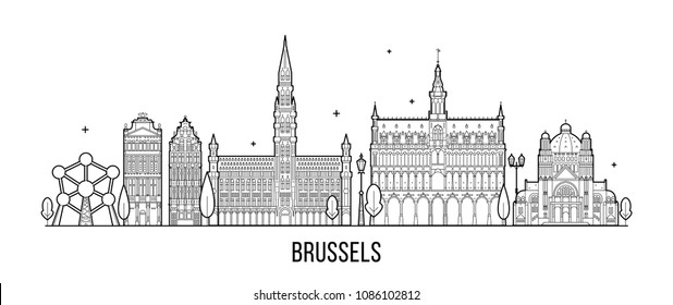 Brussels skyline, Belgium. This illustration represents the city with its most notable buildings. Vector is fully editable, every object is holistic and movable