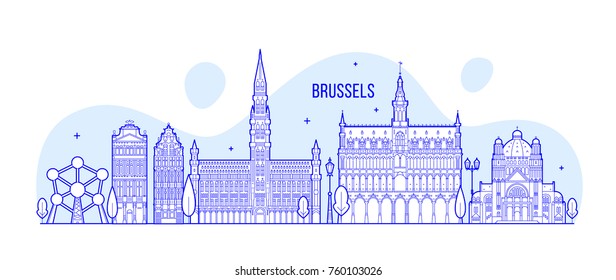 Brussels skyline, Belgium. This illustration represents the city with its most notable buildings. Vector is fully editable, every object is holistic and movable