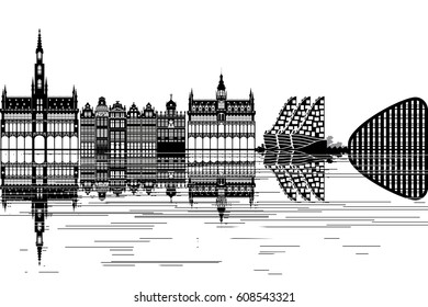 Brussels skyline - black and white vector illustration
