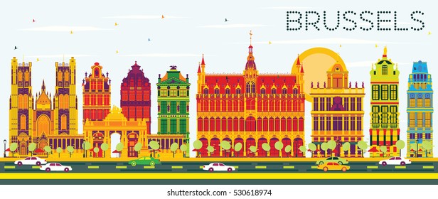 Brussels Skyline with Color Buildings and Blue Sky. Vector Illustration. Business Travel and Tourism Concept with Historic Architecture. Image for Presentation Banner Placard and Web Site.