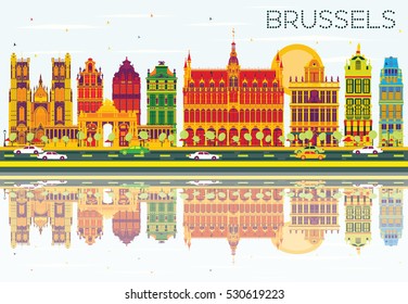 Brussels Skyline with Color Buildings, Blue Sky and Reflections. Vector Illustration. Business Travel and Tourism Concept with Historic Architecture. Image for Presentation Banner Placard and Web Site
