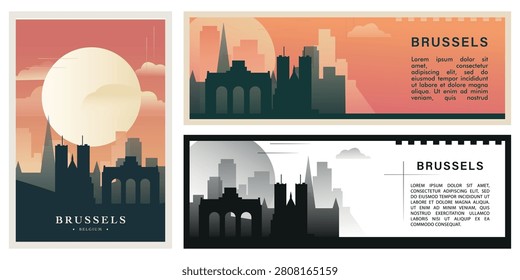 Brussels skyline illustration set with iconic landmarks. Brutalism Belgium city cityscape design pack for travel banners, tourism posters, and urban architecture concepts, social media, websites