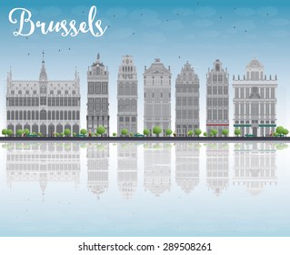 Brussels skyline with Ornate buildings of Grand Place and reflections. Vector illustration. Business travel and tourism concept with place for text. Image for presentation, banner, placard and web