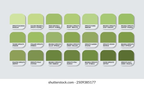 Brussels Sprout Color Palette, Brussels Sprout Color Guide Palette with Color Names. Catalog Samples of Green Metal colors with RGB HEX codes. nature Green colour, Fashion Trend Brussels Sprouts Color