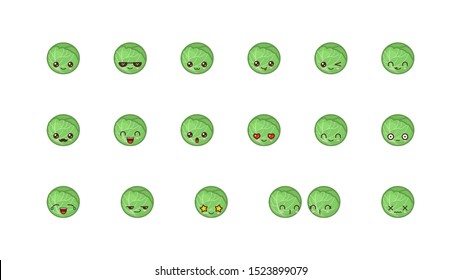 Brussels sprouts cute kawaii mascot. Set kawaii food faces expressions smile emoticons. 