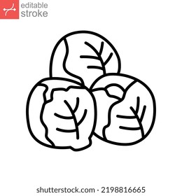 Icono de brotes de Bruselas. Verduras de hoja verde. Vegetación de alimentos para animales silvestres, logotipo vegetariano saludable. Diseño de ilustración de vector de pictograma estilo de contorno de trazo editable en fondo blanco. EPS 10