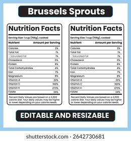 Brussels Sprouts Nutrition Facts Label – Flat Style Cruciferous Vegetable Nutrient Chart on White Background