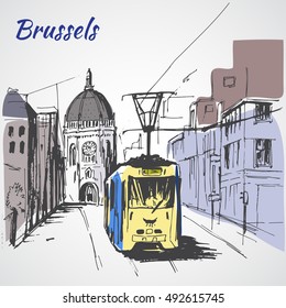 Brussels street view with tram. Isolated on white background