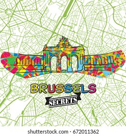 Brussels Travel Secrets Art Map for mapping experts and travel guides. Handmade city logo, typo badge and hand drawn vector image on top are grouped and moveable.