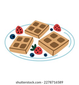 Brussels waffles with berries, waffle icon, vector doodle illustration of plate with dessert for breakfast, picnic, sweet pastry product, isolated colored clipart on white background, restaurant menu