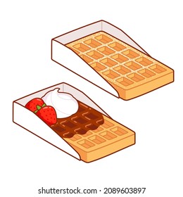 Brussels waffles in takeout boxes, Belgian street food. Powdered sugar, chocolate, whipped cream and strawberries topping. Cartoon clip art drawing, isolated vector illustration.
