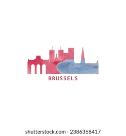 Brussels watercolor cityscape skyline city panorama vector flat modern logo, icon. Belgium emblem concept with landmarks and building silhouettes. Isolated graphic