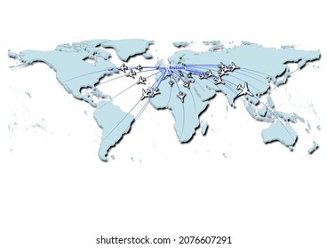 Brussels-Belgium in concept vector illustration, map showing flights from Brussels-Belgium to major cities around the world.