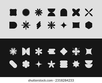 Brutal abstract set, collection of geometrical shapes, elements, figures on white, black backgrounds. Modern illustration of stars, flowers, simple forms design. Vector