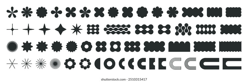 Brutal abstract shapes. Geometric contemporary figures, brutalism graphic elements flat vector Illustration set. Minimalist design shapes collection