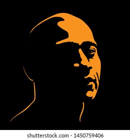 Brutal Asian Man portrait silhouette in contrast backlight. Vector.